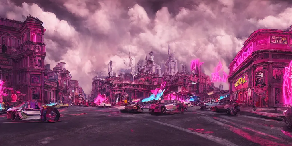 Prompt: oil painting, a lot of punks, pink, rich deep colors masterpiece, neon, ultra detailed, contrast, heaven pink, lots of roman arches, punk rock with mohawks, clouds, sky, volumetric light, atmospheric lighting, dramatic, cinematic, moody, octane render 4 k, 8 k