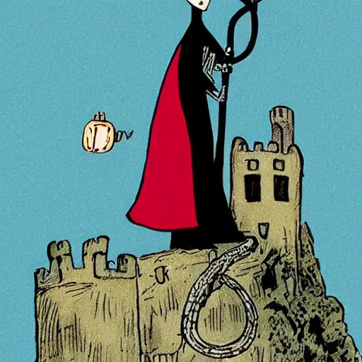 Prompt: synthwave exciting by kate greenaway, by jeff kinney. a beautiful illustration of a horned, red - eyed, skeleton - like creature, with a long black cape, & a staff with a snake wrapped around it, standing in front of a castle atop a cliff.