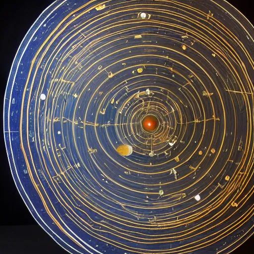 Image similar to a kinetic sculpture of this solar system, sun, orrery, canon 5 d 5 0 mm lens, papier - mache, studio, 1 9 5 4