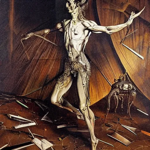 Image similar to a highly detailed painting of an elegant male dancer on flamingo legs by salvador dali and vadim stein, in a domed destroyed ballroom splattered with rot and decay by albrecht durer, dramatic lighting