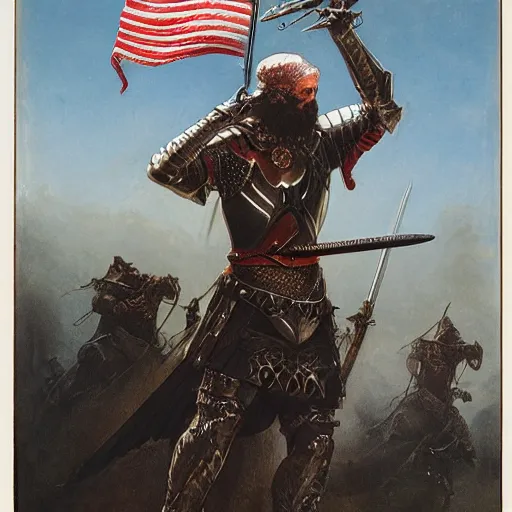 Image similar to an - armored - bearded - warrior - with - broadsword, american - flag - blowing, wayne - barlowe,