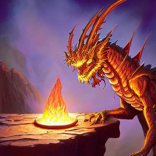 Image similar to bizmuth dragon glowing coals between bizmuth scales dragon profile eyes glowing on a plateau table rock book cover by artist michael whelan photorealistic