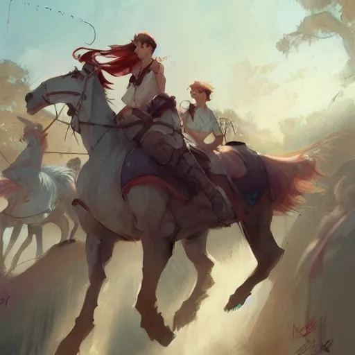 Image similar to a group of people riding on the backs of horses, a storybook illustration by krenz cushart, pixiv contest winner, fantasy art, official art, concept art, storybook illustration. detailed masterpiece.