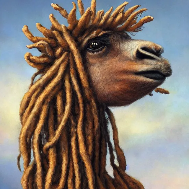 Image similar to llama with dreadlocks, by mandy jurgens, ernst haeckel, ron embleton, james jean
