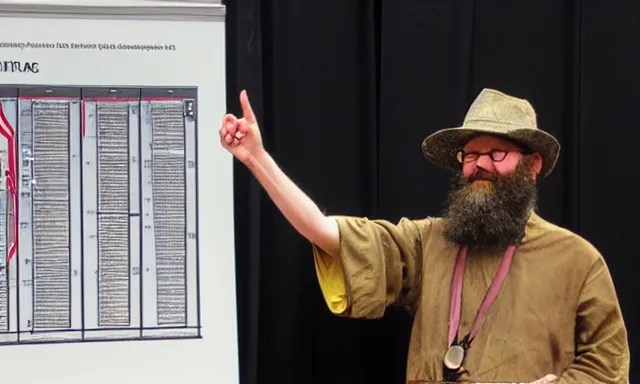 Prompt: A bearded wizard points at an IPA linguistics chart in front of a lecture hall, by Mœbius