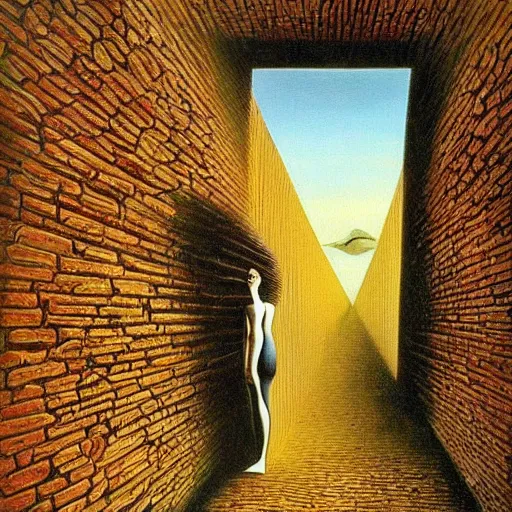 Image similar to a beautiful surrealist painting by salvador dali, I am walking through a brick hallway when suddenly the floor opens up and I start flying!