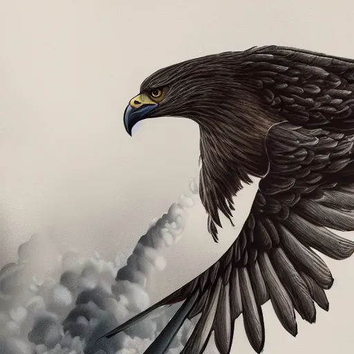 Prompt: A extremely detailed painting of a eagle with a fighterjet-helmet, standing bird, sharp claws, cloudy, midnight, smoke, ultra high detail digital art, trending on Artstation, unreal engine