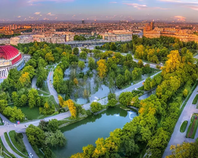 Image similar to 4 k hd, high resolution photograph of i. o. r. park in bucharest, full colour, shot with sigma f / 4. 2, 2 5 0 mm sharp lens, wide shot, high level texture render