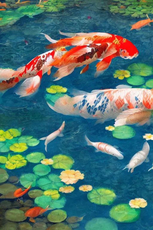 Image similar to nenufar in a pond surrounded by koi carp, colorful, blue backgroung,clean, joyful, intricate, elegant, volumetric lighting, scenery, digital painting, highly detailed, artstation, sharp focus, illustration, concept art, ruan jia, steve mccurry