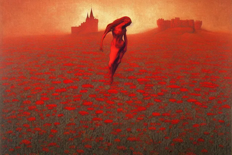 Image similar to only with red, red flowers of different types, a red tiger, a castle in the background, medieval demons dance over the flowers, an ancient path, in the style of beksinski, part by hopper, part by rodcenko, part by hofbauer, intricate composition, red by caravaggio, insanely quality, highly detailed, masterpiece, red light, artstation