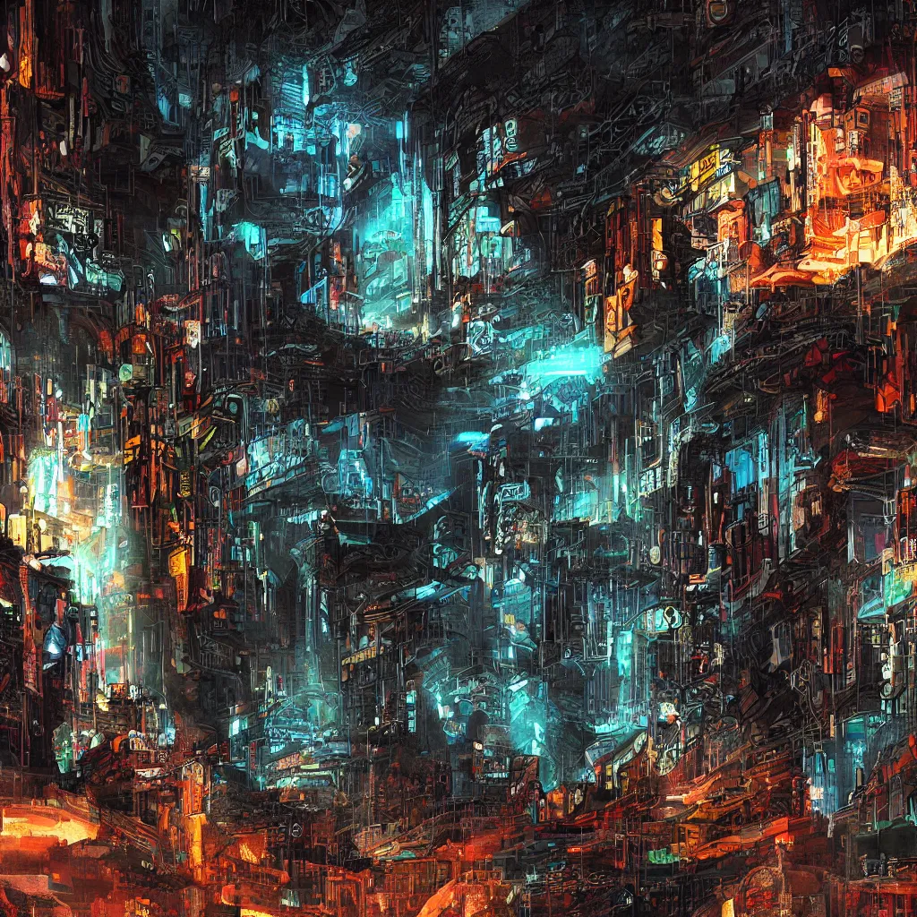 Image similar to a cave painting of a cyberpunk cave