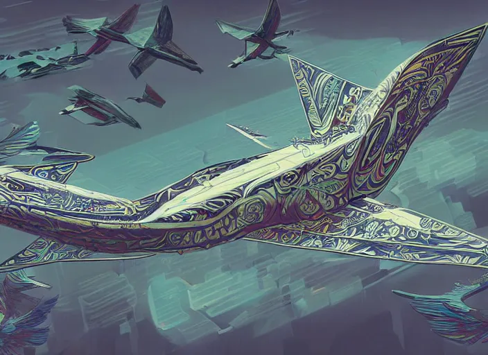 Image similar to concept art of a modern jugendstil airliner with ornate birdlike wings with art deco patterns flying over a magic city, cyberpunk, high fantasy