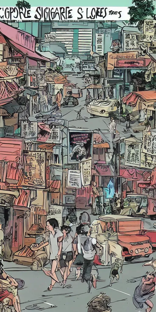 Prompt: singapore city streets, escaped lions, graphic novel