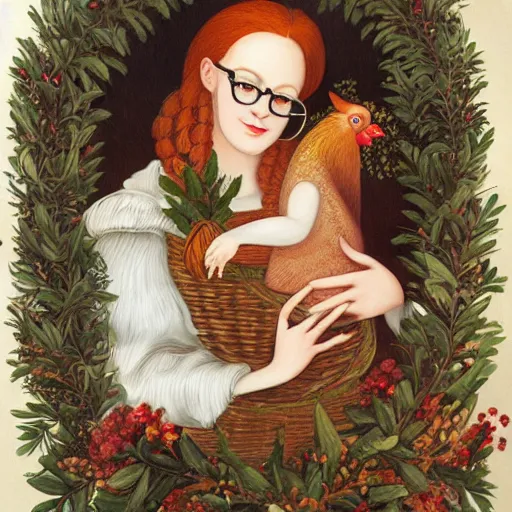 Prompt: detailed but whimsical painting of a beautiful fair skinned redheaded woman embracing a man with brown hair and a long bushy brown beard and glasses, surrounded by a wreath of wicker and leaves, chickens and cats