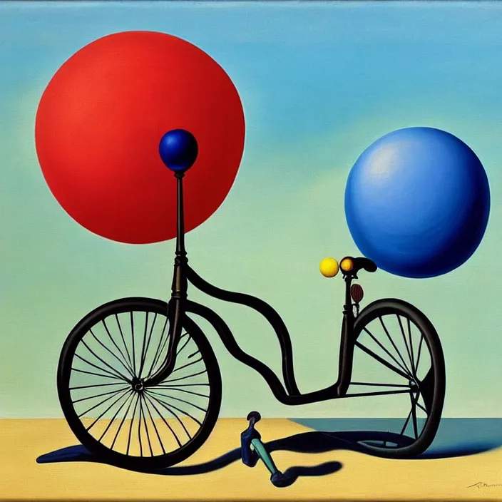 Prompt: a beautiful painting of a beachball and a bike pump, by salvador dali and rene magritte, soft lighting, warm colors, oil on canvas