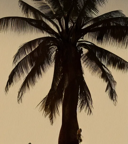 Image similar to coconut tree with human head. realism art, high detailed, fine art, trending on artstation, smooth draw, perfect lighting, sharp focus.