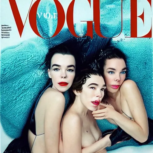 Image similar to stunning vogue magazine photo of dark - haired goddesses vanessa kirby, hailee steinfeld, and bjork smiling, legs intertwined, laying back on the bed, sharing a towel, with wet faces!!, wet lips, smooth skin, perfect eyes, insanely detailed, elegant, by wlop, rutkowski, livia prima, mucha, wlop,