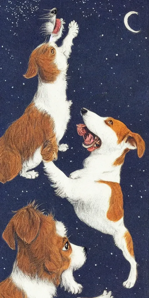 Image similar to jack russel dog looking up and howling with mouth open sad, night sky, highly detailed, side view, illustrated by peggy fortnum and beatrix potter and sir john tenniel