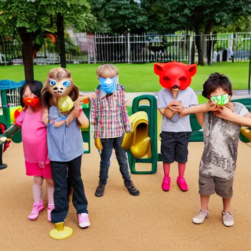 Image similar to photo realistic children on a playground wearing different animal masks,