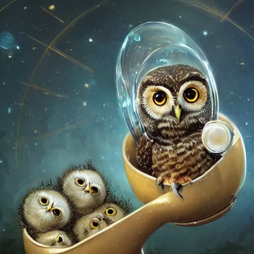 Image similar to long shot of a very cute owl chick nesting in a very futuristic cup, esao andrews, m. w. kaluta, john berkey, humorous illustration, hyperrealistic, big depth of field, warm colors, night scenery, low light, 3 d octane render, 4 k, conceptart, hyperdetailed, hyperrealistic, trending on artstation