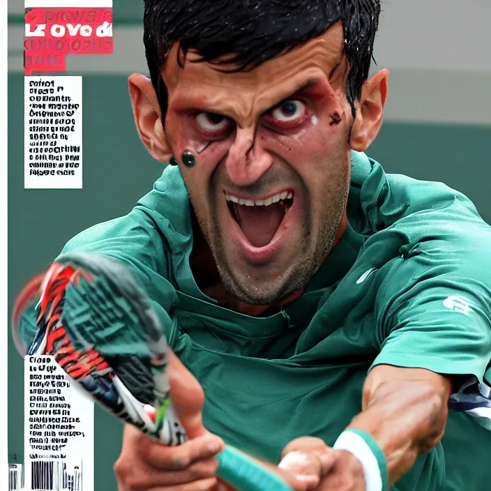 Prompt: closeup of zombie novak djokovic playing tennis in the rain on an abandoned center court at wimbledon. magazine cover