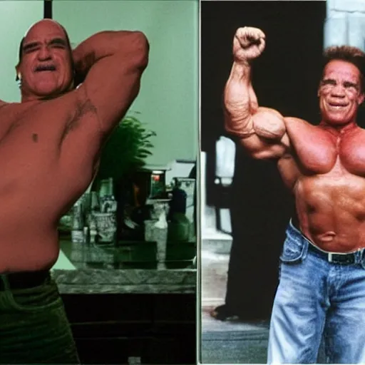 Image similar to what if danny de vito had arnold schwarzenegger's body, photo, flexing, realistic, detailed