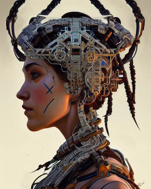 Image similar to symmetry!! portrait of a machine!!!!!! from horizon zero dawn, machine face, decorated with pharoanic motifs, intricate, elegant, highly detailed, digital painting, artstation, concept art, smooth, sharp focus, illustration, art by artgerm and greg rutkowski and alphonse mucha, 8 k