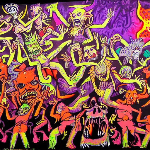 Image similar to mural of demons in rave party in hell by Chor Boogie