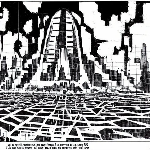 Prompt: a large ruined city in the future digital illustration by Steve Ditko