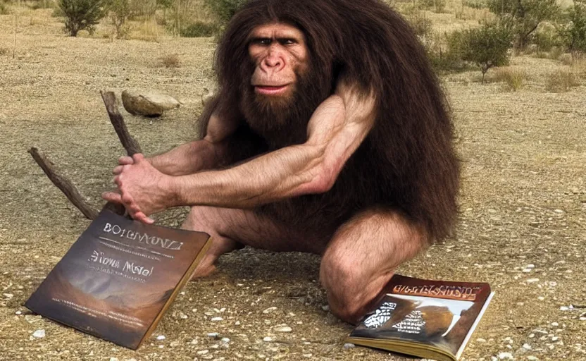 Image similar to made a portrait of neanderthal read science book about him in middle of nowhere, perfect dynamic posture, perfect dynamic pose, perfect dynamic form, pinterest, perfect dynamic position, award winning photo by national geographic, and pulittzer winner, bokeh