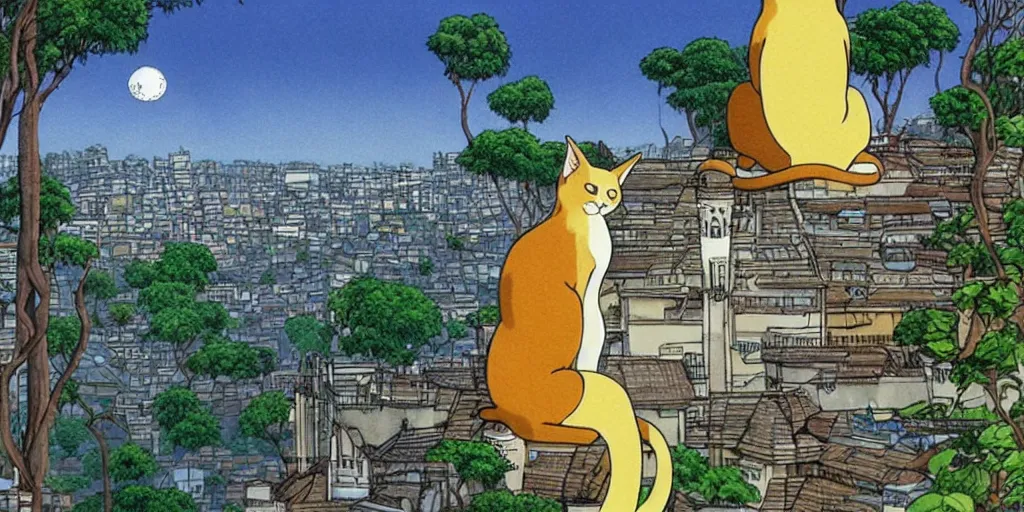 Image similar to sri lankan cat looking at the city, drawn by hayao miyazaki