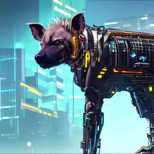 Image similar to cybernetically enhanced cyborg hyena, realistic cyberpunk 2 0 7 7 concept art