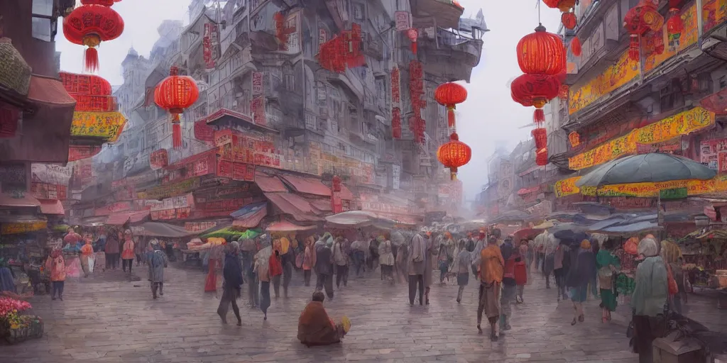 Prompt: morning market in chinatown, slightly foggy day, matte painting, studio ghibli, artstation