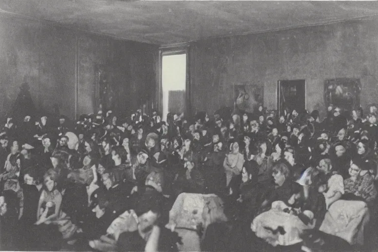 Prompt: photograph of a room of people staring at a live demon