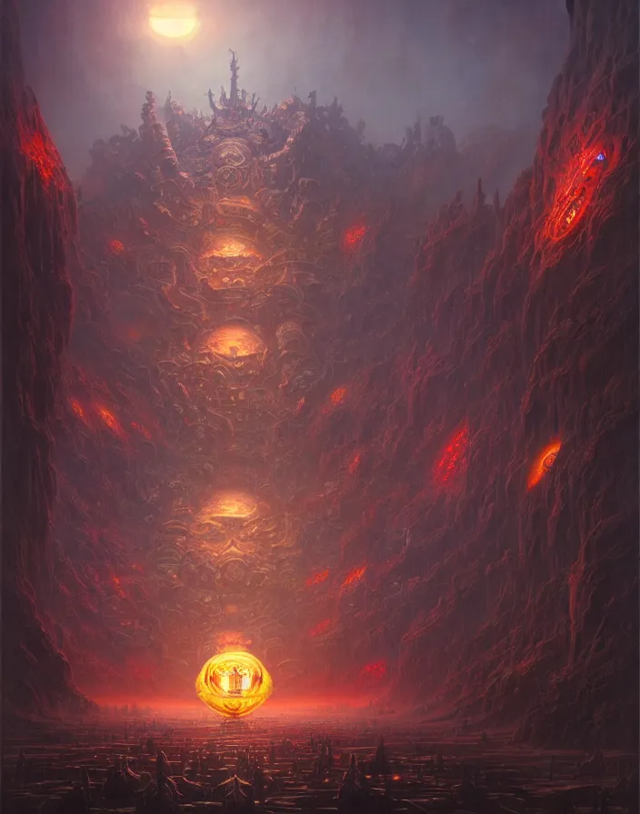 Image similar to highly detailed, intricate, stunningly beautiful matte painting of cyber hell full of demons, huge glowing sun, by shaun tan and peter mohrbacher