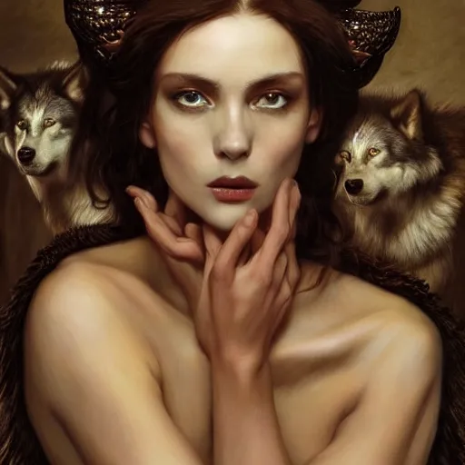 Image similar to of a beautiful brunette women with a wolf, intricate skin, fur, silicone cover, elegant, peaceful, full body, horns, hyper realistic, extremely detailed, dnd character art portrait, fantasy art, intricate fantasy painting, dramatic lighting, vivid colors, deviant art, artstation, by edgar maxence and caravaggio and michael whelan and delacroix