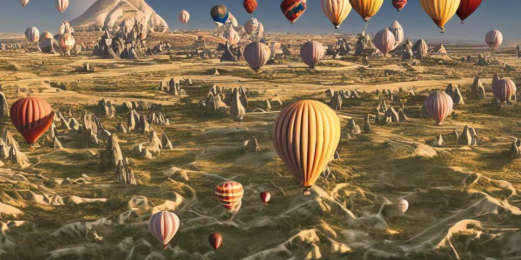 Prompt: Lively landscape of a cappadocia with balloons in the sky, realistic detailed digital art by Maxwell Boas Jessica Rossier Christian Dimitrov Anton Fadeev trending on Artstation CGSociety rendered in Unreal Engine 4k HQ