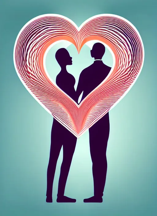 Image similar to vector art by santiago calatrava, perfectly centered symmetrical balanced male and female portrait of man and woman in love sharing one heart. high coherence ; fractal geometrical 8 k ultra hd