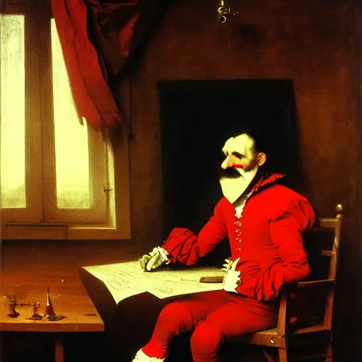 Prompt: a plotting man in a red jester suit sitting in a wooden chair near a table covered with cloth. the room is dimly lit. art style of Jan Matejko, ominous, realistic, highly detailed