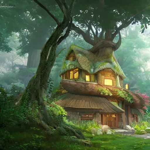 Image similar to beautiful house on a forest path, beautiful ancient trees, hiding large treasure chest, serene evening atmosphere, soft lens, soft light, cel - shading, animation, in the style of cgsociety, deviantart, artstation, zbrush, cinema 4 d, studio ghibli, akihiko yoshida, atelier lulua, masamune shirow, mcbess