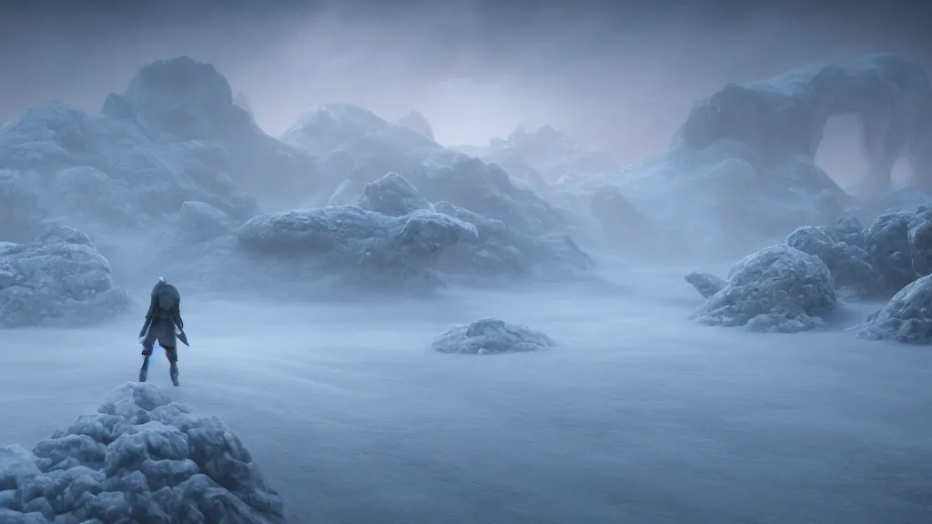 Prompt: A dreamlike barren snow-covered landscape on a fantastical alien planet, fog, god rays, cinematic lighting, photorealistic, hyperdetailed 3D matte painting, hyperrealism, hyperrealistic, 8k ultraHD octane render