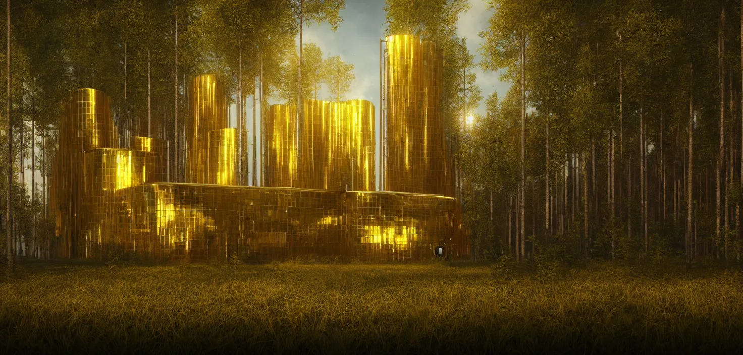 Image similar to futuristic shinny golden building in an forest landscape of a biopunk city by taras shevchenko and wlop, movie poster, golden ratio, evening lighting, film still, realistic, octane render redshift arnold materials unreal engine, 8 k post production, hyper detailed