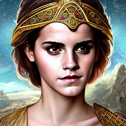 Image similar to Emma Watson as an Egyptian Goddess, cute, fantasy, intricate, elegant, highly detailed, digital painting, 4k, HDR, concept art, smooth, sharp focus, illustration, art by artgerm and H R Giger and alphonse mucha