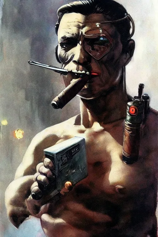 Image similar to An android smoking a cigar in a cyberpunk setting, by Frank Frazetta, Trending on Artstation, highly detailed,