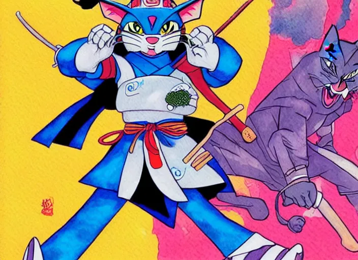 Prompt: samurai pizza cats, ink and watercolor illustration masterpiece, perfectly realistic yet surreal, by ryan ottley and mœbius