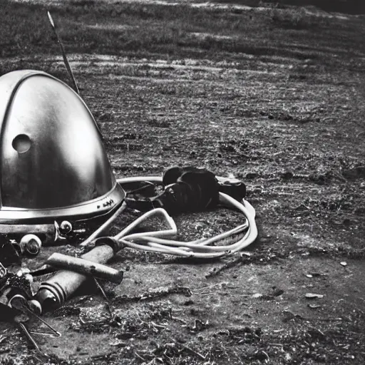 Image similar to wide angle photo of viking wearing space suit helmet and viking armor working on the antigravity gun ancient device, tools and junk on the ground,wires and lights, old village in the distance, vintage old photo, black and white, sepia