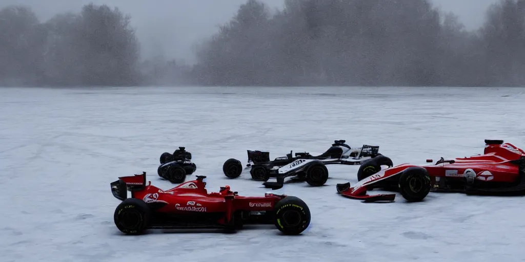 Image similar to F1 car racing on an ice lake, cinematic, epic, car shot