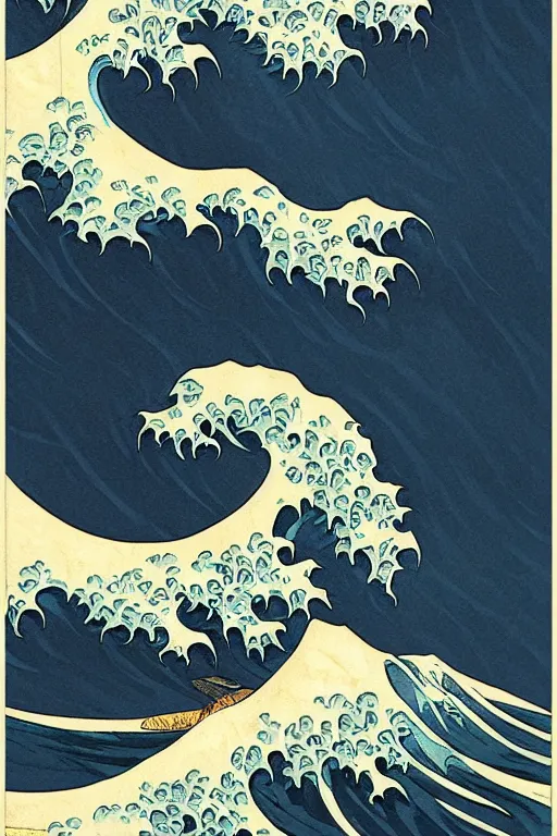 Image similar to The Great Wave off Kanagawa, intricate, elegant, highly detailed, digital painting, artstation, concept art, smooth, sharp focus, illustration, art by artgerm and greg rutkowski and alphonse mucha