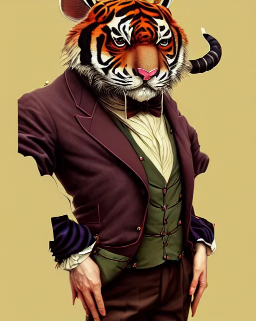 Prompt: anthropomorphic art of a detective tiger, victorian inspired clothing by artgerm, victo ngai, ryohei hase, artstation. fractal papersand books. highly detailed digital painting, smooth, global illumination, fantasy art by greg rutkowsky, karl spitzweg