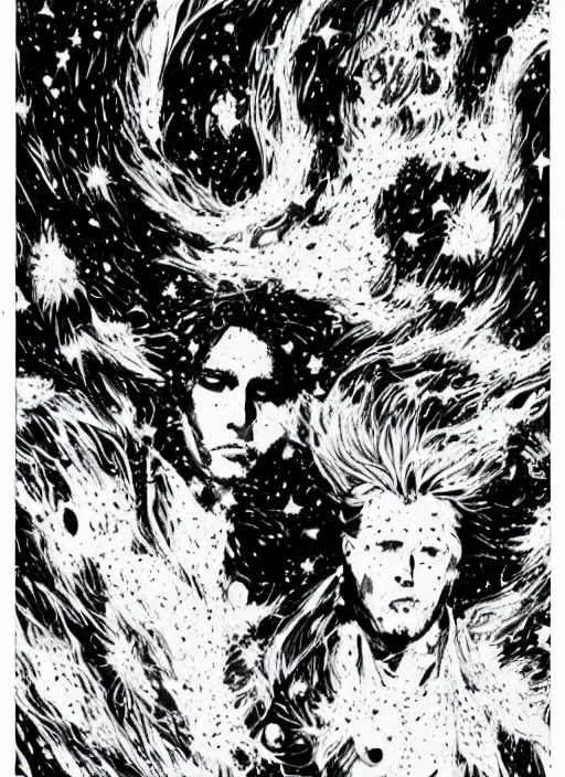 Image similar to black and white pen and ink!!!!!!! Johnny Depp x Ryan Gosling wearing cosmic space robes made of stars final form flowing royal hair golden!!!! Vagabond!!!!!!!! floating magic swordsman!!!! glides through a beautiful!!!!!!! Camellia flower battlefield dramatic esoteric!!!!!! Long hair flowing dancing illustrated in high detail!!!!!!!! by Moebius and Hiroya Oku!!!!!!!!! graphic novel published on 2049 award winning!!!! full body portrait!!!!! action exposition manga panel black and white Shonen Jump issue by David Lynch eraserhead and beautiful line art Hirohiko Araki!! Rossetti, Millais, Mucha, Jojo's Bizzare Adventure, baroque bedazzled gothic royalty frames surrounding a pixelsort emo demonic horrorcore japanese Edward Scissorhands, sharpened early computer graphics, remastered chromatic aberration, spiked korean bloodmoon sigil stars draincore, gothic demon hellfire hexed witchcore aesthetic, dark vhs gothic hearts, neon glyphs spiked with red maroon glitter breakcore art